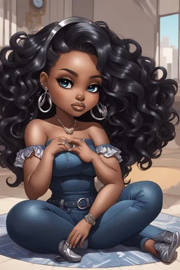 Create a futurism magna art of a black chibi curvy female sitting on the floor looking at herself in a hand mirror. She is wearing tight blue jeans and a black off the shoulder blouse. Prominent make up with lush lashes. Highly detailed long wavy hair. She is also wearing silver large hoop earringsart of a black chibi curvy female sitting on the floor looking at her cell phone. She is wearing tight blue jeans and a black off the shoulder blouse. Prominent make up with lush lashes.