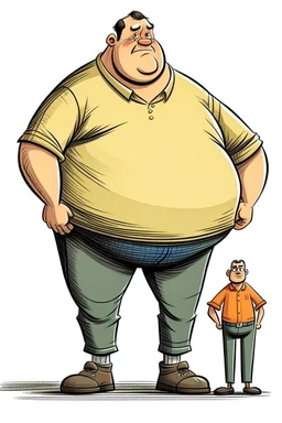 a fat man, sitting on top of a thin tall man. Cartoon.