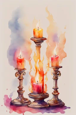 Watercolor candlestick with burning candles from the movie Beauty and the Beast on a light background