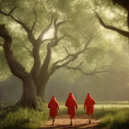 Three men in hooded robes striding towards a tent in the shade of oak trees at afternoon