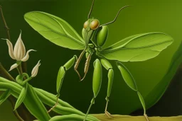 An olive green nature elemental orchid mantis painted by René Magritte