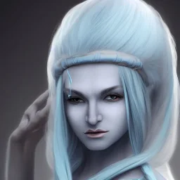 Female Air Genasi Monk with pale blue skin tone, white hair, grey eyes, and serene facial expression.