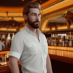 large man wearing a white shirt, big belly, puffed out blonde hair, standing in a bar, illumination, brilliant coloring, smooth, sharp focus, crispy quality, vray; Artstation; HD, HDR, SF, CGSociety, 16k, photorealistic, unreal engine