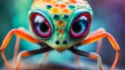 A middle size, jelly-like big eyes-on-stalks, fatt body colorful pastel patterned skin alien creature tanding a floor, high detailed, high textured, sharp focus, deep colors, Professional photography, bokeh, natural lighting, canon lens, shot on dslr 64 megapixels , blur background with neon light, office