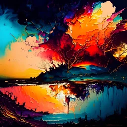 landscape, wonderland, sunset, Alcohol ink and impasto mix painting, explosion, yang08k, beautiful, colorful, masterpieces, top quality, best quality, official art, beautiful and aesthetic,