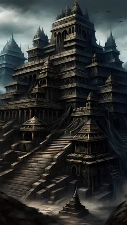 A sinister looking chaotic castle designed in Mayan architecture