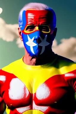 realistic image of joe biden as a mexican wrestling fighter posing, Mexican eyes wrestling mask, red and blue breeches, retro style, 80s, vibrant color, highly detailed, sky background, concept art, unreal engine 5, god rays, ray tracing, RTX, lumen lighting, ultra detail, volumetric lighting, 3d, finely drawn, high definition, high resolution.