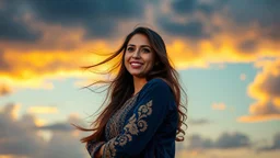 Hyper Realistic Photographic Side View Of A Extremely Beautiful Pakistani Pashto Young Woman (With Beautiful Green Eyes & Long Hair Whirling From Cold Breeze, Wearing Beautiful Navy Blue Frock With Golden Embroidery), Happily Looking At The Dramatic Cloudy Sunset And Giving A Bold Smile, With Navy-Blue Sky & Dark Clouds With Orange Sunset Sky, Showing Dramatic And Cinematic Ambiance.