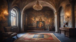 inside a medieval castle room and hall, magnificent, coloured pictorial tapestries, coat of arms, dream world, calm beauty, fantasy world, magic, splendor, uplifting, inspiring, therapeutic, chiaroscuro, color, award-winning colour photograph, beautiful composition, exquisite detail, Nikon 55mm