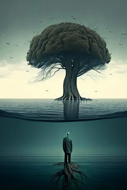 a tree and sad man in the middle of sea