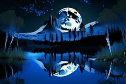 black, blue and white colors, fullmoon, pond, mountain, forest