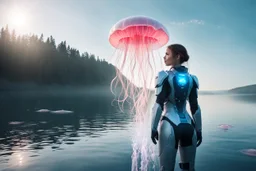 A young woman in an android suit, standing next to a lake, with jellyfish floating through the air.