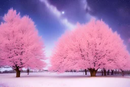 arbres roses et petites fleurs roses et avec petits points de lumière dans un ciel de nuit étoilée avec la voie lactée et sous la neige , HD, 8k