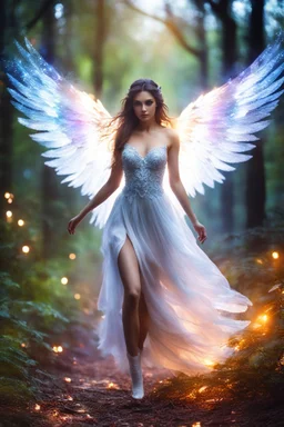 Beautiful Angel in Magical Forest full of lights colors, Photography Art Photoshoot Art Cinematic Soft Blur Colors - on Running Dramatic Pose