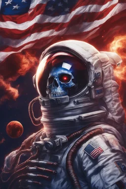 A close up of a skeleton face in an astronaut helmet and suit floating in space. inside the hollow eyes are red shining lights, scary. On his suit is an American flag and in his one hand is a small wavering American hand flag. From the back of his suit is blowing out blue, white and red smoke. Realistic, 8k, highly detailed, funny