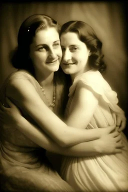 couple of women, one hugs the other from behind; dressed in chiffon nightgowns, medium shot, image photogrphy, 16K, toned to soft sepia tones