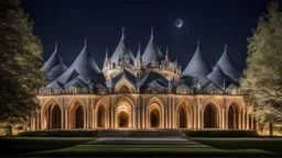 2055, rule of thirds, delightful, sensitive, confident, undulating sinusoidal castle with pointed hyperbolic roofs, delicate, night, darkness, symmetrical, exquisite architecture, innovative design, perfect symmetry, award-winning photograph, beautiful composition, filled with beautiful detail, delicate colour, chiaroscuro