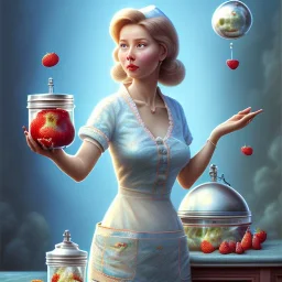 pixar style, realistic painting of a housewife and a jar full with strawberry jam, kitchen in the background volumetric turquise and blue sky, flying environment and background, volumetric lighting, dramatic lighting, detailed digital painting, extreme dense and fine, anime, ornate, colour-washed colors, elegant, small minutiae, tiny features, particulars, centered, smooth, sharp focus, renderman gofur render, 8k, uhd, detailed eyes, realistic shaded volumetric lighting, caustics, backligh