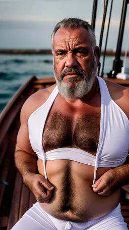 photography of a burly marocan fisherman sunbathing sitted in a fisher wooden boat, in little white french briefs, tattoo, manly chest, ugly, 54 years old, bullneck, white long beard, dreadlocks, muscular chubby, angry eyes, photorealistic, Canon EOS, 8k