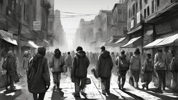 a medium quality digital illustration of a bustling city street scene, featuring a diverse group of panhandlers and pedestrians, urban poverty, street life, social issues, poverty awareness, crowded environment, realistic, gritty, black and white, detailed background, dynamic perspective, melancholic atmosphere, documentary style, urban decay, photojournalism, trending on Instagram.