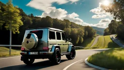 A sleek rear view of (((a cross of porsche and G-Wagon))), on street, with hill and trees around, a beautiful clouds and sunny weather, 4K, Superdetailed, No mistakes