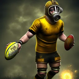 Joueur de rugby steampunk, masque à gaz, vêtements jaunes et noirs