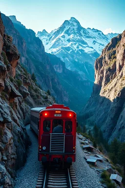 A train , train truck rides in stunning mountain landscape, mountain gorge, bright color palette, high detail, perfect composition, gcinematic shot, intricate details, hyperdetail