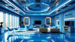 big room with modern futuristic design with blue furniture and blue walls and blue ceiling and blue floor