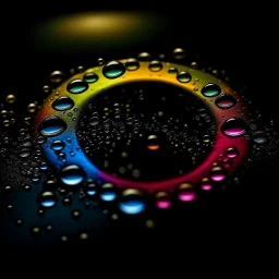 circle of waterdrops, dark romantic and colourful atmosphere,