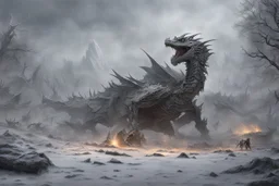 An image of an ancient battlefield located on a flat plain, covered in gray ash. Scattered across the battlefield are remnants of human warriors, weapons, and armor, all clearly lifeless. Prominently featured is the skeleton of a dragon with big horns and wings, half buried in the ash. Ash flakes float in the air like gray snowflakes, partially obscuring and dimming the sun, creating a somber and eerie atmosphere. In the far, far distance, a few ruins are visible, adding to the scene.