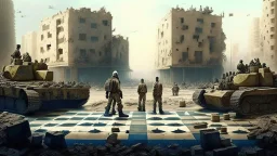 Israeli soldiers and tanks stand on a very large chessboard in the middle of a destroyed city