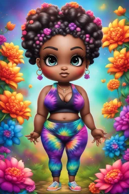 Create an airbrush image of a chibi black plus size female wearing a tie dye yoga outfit. Prominent make up with hazel eyes. Highly detail ombre Bantu knots. background of colorful large flowers 2k