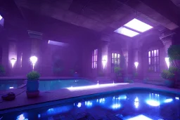  courtyard ,pool , night time , unity, scriptable render pipeline , lighting , volumetric , global illumination, fog ,blue emission , purple tone.