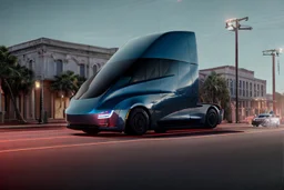 A Tesla 'Semi' (semi truck) is parked, on the streets of New Orleans. (CINEMATIC, WIDE ANGLE LENS, PHOTO REAL)