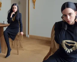 Billie Eilish, sitting on a chair, Black Short Dress, high detail, realistic, 8k