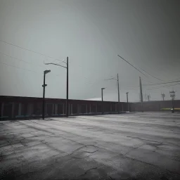 An empty carpark on a misty day. Telegraph poles and wires. Muted tones. Tilted horizon. With blotches, blurry areas and lens noise and grain. Hyper realistic Photo 4k