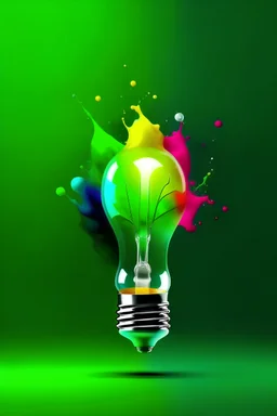 Photo illustration of colorful bulb with splash of colors on green backgroundgenerative ai