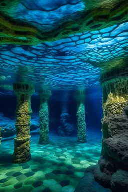 An indigo secret underwater grotto designed in ancient Roman mosaics painted by Claude Monet