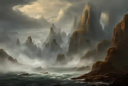 clouds, rocks, new age, fantasy, and sci-fi influence, mist, mountains, waves, cliffs, very epic, majestic landscape