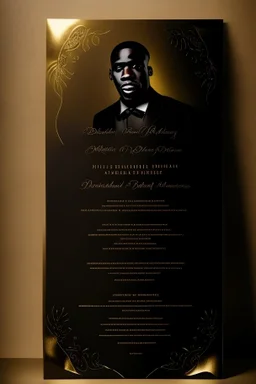 An extremely formal, funeral program for a black man on darkest bronze deeply pigmented velvet paper with brilliant, brightest heavy golden fonts, simple, minimalistic, less element, very dramatic lighting