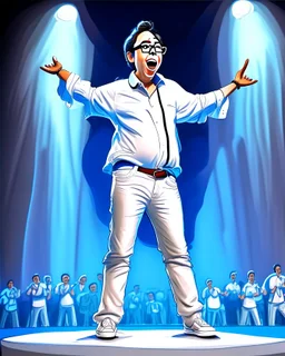 Gustavo Petro camisa blanca pantalón azul hablando en tarima cuerpo completo arte caricatura obra de arte hiperdetallado 4k