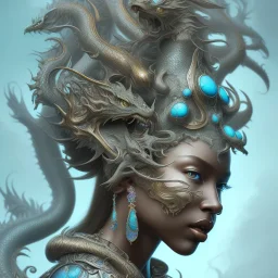 sango fantasy, fantasy magic, intricate, sharp focus, illustration, highly detailed, digital painting, concept art, matte, artgerm and paul lewin and kehinde wiley, masterpiece silver dragon head bronze African nice breast Afo woman turquoise waves