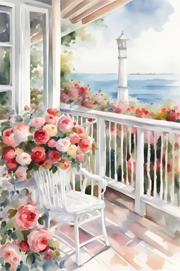 A front porch with white wicker chairs filled with pretty floral fabric covered pillows, a wicker table covered in a floor length tablecloth, a vase full of roses on the table and flowers of other colors growing over the porch railing, with a view of the ocean and a lighthouse in the background. Illustration style watercolor