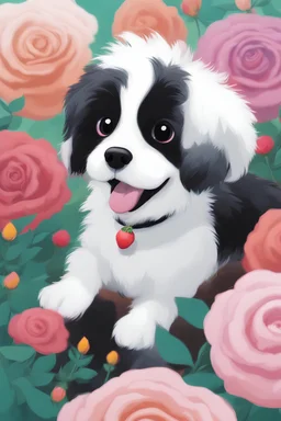 a black and white fluffy puppy; pixar style; rose flower bush in background; bright, vibrant colors