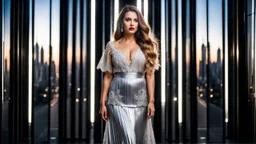 very beautiful model lady with makeup and beautiful modern fashion midi pleated velvet dark silver lace skirt with lace edges and modern loose lace top with a loose over, curvy silver long hair, standing in a modern city open satge with 8 cubic mirrors(each with 4 equal hight and equal width, vertical mirror), each vertical on its own short rotating base. with some small lights on crystal frames, on roof of a skyscraper with city escape at background, with animating dynamic lights with high
