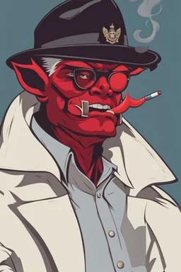 A red demon wearing a police outfit smoking a cigerate.