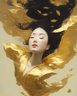 portrait d'une jeune femme. Elle flotte dans les airs. Elle est habillée de feuilles d'or. Dans le style de Daeho Cha.
