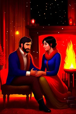 Fire place Christmas scene, dark haired couple, man with short black beard, blue eyes, young couple, graphic