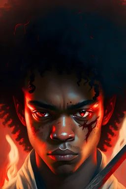 Um jovem negro com cabelo enrolado com olhos vermelhos e uma katana de fogo