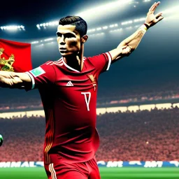 A badass Cristiano Ronaldo wearing an armor with Portugal jersey flag, atmospheric, realistic, unreal engine, cinematic lighting, octane render.